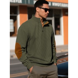 Men'S Corduroy Sweatshirt - Oversized Long Sleeve Pullover with Stand Collar, Green & Brown Striped Casual Sweater, All-Season Comfortable Loose Fit for Outdoor & Casual Attire, Plus Size Available, Easy Care (Ideal for Bowling & Casual Outfits)