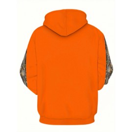 Men'S Plus Size Stretch Polyester Blend Hoodie - 3D Deer Pattern Bright Orange, Kangaroo Pocket Long Sleeve Pullover Suitable for Autumn and Winter, Machine Washable Casual Sportswear, Bold Animal Print, Comfortable Fit, Plus Size