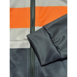 Men's Neon Green/Orange/Gray Full-Zip Hooded Jacket - Heavy-Duty Zipper Closure, Loose-Fit Casual Coat for Gym, Hiking & Urban Streetwear - Machine Washable Spring/Fall Outerwear with Hood (Neck Collar) - -First Color Block Design, PLUS SIZE