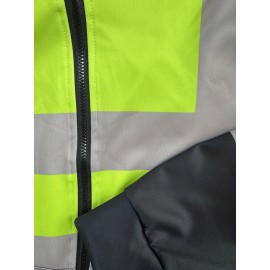 Men's Neon Green/Orange/Gray Full-Zip Hooded Jacket - Heavy-Duty Zipper Closure, Loose-Fit Casual Coat for Gym, Hiking & Urban Streetwear - Machine Washable Spring/Fall Outerwear with Hood (Neck Collar) - -First Color Block Design, PLUS SIZE