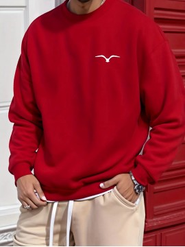 Men's Bird Logo Print Crew Neck Sweatshirt - White Bird Logo on Dark Blue, Casual Long Sleeve Pullover, Minimalist Sweater for Gym, Office & Casual Attire, Versatile Sportswear & Smart-Casual Outfit Essential, PLUS SIZE