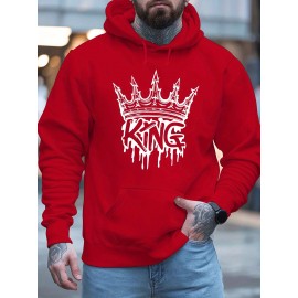 Men'S King Crown Print Hooded Sweatshirt - Royal & Golden Lettering, Winter Knit Fabric with Slight Stretch, Regular Fit Long Sleeve Pullover, Casual American Style Statement Piece for Everyday & Formal Wear - Ideal Gift for Men (KING Lettering Desi