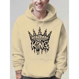 Men'S King Crown Print Hooded Sweatshirt - Royal & Golden Lettering, Winter Knit Fabric with Slight Stretch, Regular Fit Long Sleeve Pullover, Casual American Style Statement Piece for Everyday & Formal Wear - Ideal Gift for Men (KING Lettering Desi