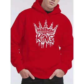 Men'S King Crown Print Hooded Sweatshirt - Royal & Golden Lettering, Winter Knit Fabric with Slight Stretch, Regular Fit Long Sleeve Pullover, Casual American Style Statement Piece for Everyday & Formal Wear - Ideal Gift for Men (KING Lettering Desi