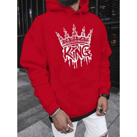 Men'S King Crown Print Hooded Sweatshirt - Royal & Golden Lettering, Winter Knit Fabric with Slight Stretch, Regular Fit Long Sleeve Pullover, Casual American Style Statement Piece for Everyday & Formal Wear - Ideal Gift for Men (KING Lettering Desi