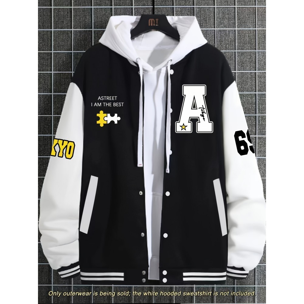 Men's Large Size Baseball Jacket A-69 Letter Print (A for Alpha, 69 for Number 6 & 9) - Plus Size Outerwear with Snap Closure & Pockets, Machine-Washable Polyester Spring/Fall Winter Casual Wear - Christmas Gift for Big & Tall Men, PLUS SIZE