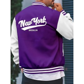 Men's Large Size Vintage New York Lettering & Numbered Baseball Jacket - Two-Tone Button College Style Snapback Coat, Retro Streetwear Outerwear with Pockets (Machine Washable, Spring/Fall Casual Wear) - Christmas Gift for NY Fans, PLUS SIZE