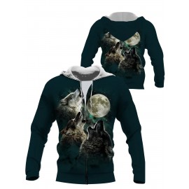 Men's Full-Body Wolf 3D Print Hooded Jacket - Realistic Wolf & Moon Night Sky Design, Knitted Fiber Coat with Zipper Closure, Machine Washable Winter Jacket for Outdoor Wear, Plus Size (Black/Green) - Wolf Howling Print Hoodie, PLUS SIZE