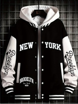 Men's Large Plus Size New York Logo Baseball Uniform Jacket - Winter Outdoor Casual Snap Button Closure Coat with Letter 'NY' Emblem, Machine Washable Polyester, Christmas Gift for Fans, PLUS SIZE