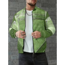Men'S Oversized 3D Faux Denim Jacket with Full-Zip Closure, Stand Collar & Practical Pockets - Machine Washable Casual Bomber Coat for Autumn/Winter, Plus Size