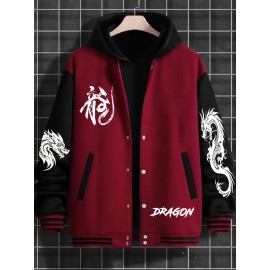 Men's Plus Size Dragon Print Baseball Batting Jacket - Wrinkle-Resistant Polyester Winter Coat with Snap Button Closure, Dragon Pattern (Dragons can be /), Casual Outerwear for Christmas Gifts for Big & Tall Men, PLUS SIZE