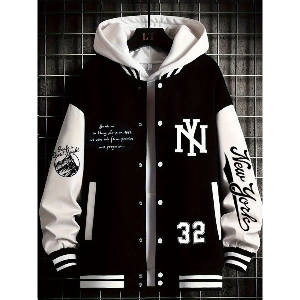 Plus-size Men'S Baseball Jacket | New York #23 Digital Print, Hoodless Lightweight, Trendy Hip-Hop Rock Style, Casual Spring/Fall Jacket, Snap Closure, Perfect for Christmas and New Year Gifts, Plus Size