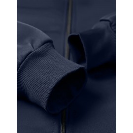 Plus Size NO DAYS OFF College Style Comfy Stand Collar Jacket - Slightly Stretch Stylish Zip Up For Autumn & Winter