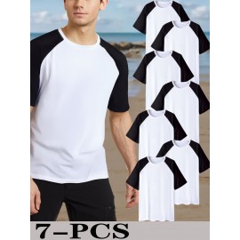 7pcs Men'S Plus Size T-Shirts - Casual Crew Neck, Short Sleeve, Color Block Design, Polyester, Summer Sporty Tops with 