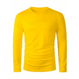 [Soft Plus Size T-Shirts] 4pcs Men's Plus Size Long Sleeve T-Shirt Set - Soft & Comfortable, 95% Polyester 5% Spandex, Solid Color, Round Neck, Casual Style, Perfect for Fall, Daily Wear