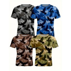 4pcs Men's Camouflage Tactical T-Shirts - Breathable Polyester Camo Tees with Multi-Color (Green/Brown/Black/Blue) Camo Prints, Crew Neck Short Sleeve Shirts for Hunting, Outdoor Activities, Casual & Formal Events - All-Season Layering Essential for Men - Ideal for,, Camping, Casual Attire - Machine Washable & Durable Construction, PLUS SIZE