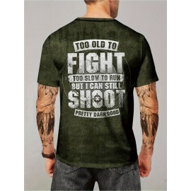 Men's Bold Graphic T-Shirt - Funny Shooting Sports Saying Back Print - Dark Olive Green Crew Neck Tee - Stretch Fabric Casual Shirt for Everyday & Weekend Outfits - Machine Washable Adult Sizes, Relaxed Style, Statement Design, Comfortable Fit, Short Sleeve Top, Humor Lovers, PLUS SIZE