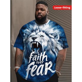 Men's Lion Face T-Shirt with Lion & 'Faith Over Fear' Slogan Print - Oversized Streetwear Tee, Plus Size Casual & Party Outfit, Comfortable Short Sleeve Shirt, Machine Washable White & Blue Lion Design, PLUS SIZE, Mens Trendy Shirts, Tshirt For Men, Mens Tshirt, T Shirt For Men Plus Size, Oversized T Shirt Men, Plus Size Mens T Shirt, Shirts For Men Plus Size, Plus Size Mens Clothing, Plus Size Men Clothing, Mens Shirts, Mens Tshirts, Mens Plus Size Shirt, Fathers Day Gift,