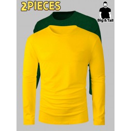2pcs Men's Heavyweight 95% Polyester/5% Spandex Oversized Long Sleeve T-Shirt Set - Soft Stretch Round Neck Casual Layering Shirts in Green & Grey, Solid Color Winter Warmth, Comfortable Casual Attire, Plus Size Available (Machine Washable) - Ideal for Fall & Winter Layering Essentials (Casual & Formal Outfits) - Versatile Matching Outfits for Men, Relaxed Fit, Durable & Easy Care, Long Sleeve T Shirts for Men, Mens Plus Size T Shirt, Printed T Shirts for Men, PLUS SIZE