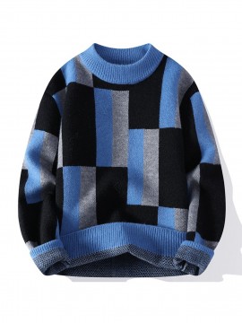 Men'S Geometric Checkered Crew Neck Sweater - Soft Warm Textured Pullover, /Brown Pattern, Cozy Fall Winter Sweater for Street Style & Layered Outfits, Casual Daily Wear, Versatile for Semi-Formal Events, Order Two Sizes for Best Fit (Regular Fit)