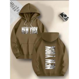 Men's New York Letter Print Hoodie & Matching Sweatsuit Set - Oversized Plus Size Winter Warmth, Distressed NYC Skyline Print Hooded Jacket & Pants, Machine Washable Casual Sportswear, Loose Fit Layered Outfit (New York Themed Apparel), PLUS SIZE