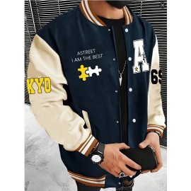 Men's Large Size Baseball Jacket A-69 Letter Print (A for Alpha, 69 for Number 6 & 9) - Plus Size Outerwear with Snap Closure & Pockets, Machine-Washable Polyester Spring/Fall Winter Casual Wear - Christmas Gift for Big & Tall Men, PLUS SIZE