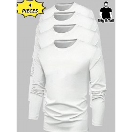 [Soft Plus Size T-Shirts] 4pcs Men's Plus Size Long Sleeve T-Shirt Set - Soft & Comfortable, 95% Polyester 5% Spandex, Solid Color, Round Neck, Casual Style, Perfect for Fall, Daily Wear