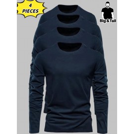 [Soft Plus Size T-Shirts] 4pcs Men's Plus Size Long Sleeve T-Shirt Set - Soft & Comfortable, 95% Polyester 5% Spandex, Solid Color, Round Neck, Casual Style, Perfect for Fall, Daily Wear