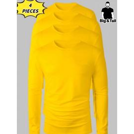[Soft Plus Size T-Shirts] 4pcs Men's Plus Size Long Sleeve T-Shirt Set - Soft & Comfortable, 95% Polyester 5% Spandex, Solid Color, Round Neck, Casual Style, Perfect for Fall, Daily Wear