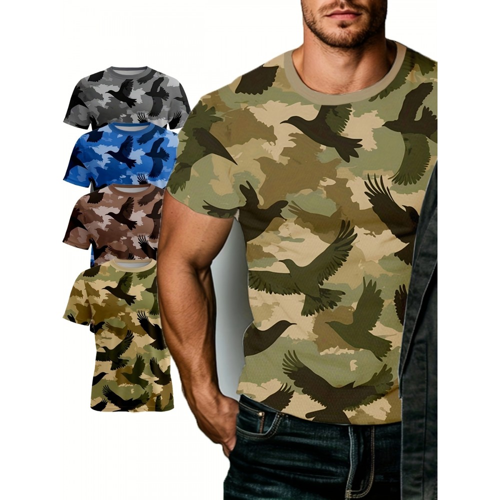4pcs Men's Camouflage Tactical T-Shirts - Breathable Polyester Camo Tees with Multi-Color (Green/Brown/Black/Blue) Camo Prints, Crew Neck Short Sleeve Shirts for Hunting, Outdoor Activities, Casual & Formal Events - All-Season Layering Essential for Men - Ideal for,, Camping, Casual Attire - Machine Washable & Durable Construction, PLUS SIZE