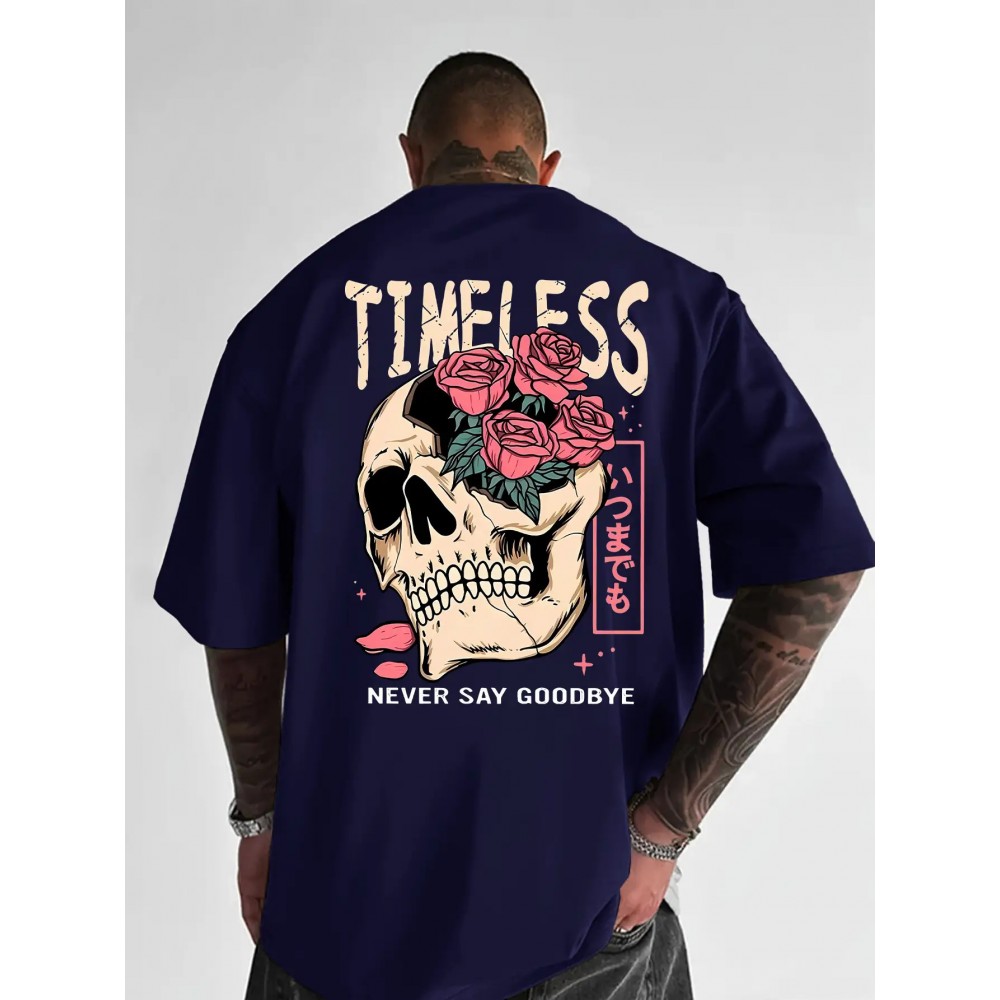 Men's Gothic Skull & Rose T-Shirt with Back Print - Oversized Streetwear Fit, Bold 