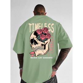 Men's Gothic Skull & Rose T-Shirt with Back Print - Oversized Streetwear Fit, Bold 